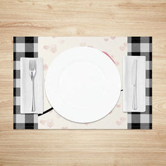 Aperturee - Aperturee Valentine’s Day Pink Heart and Love Set of 4 Placemats Black and White Buffalo Plaid Table Decor