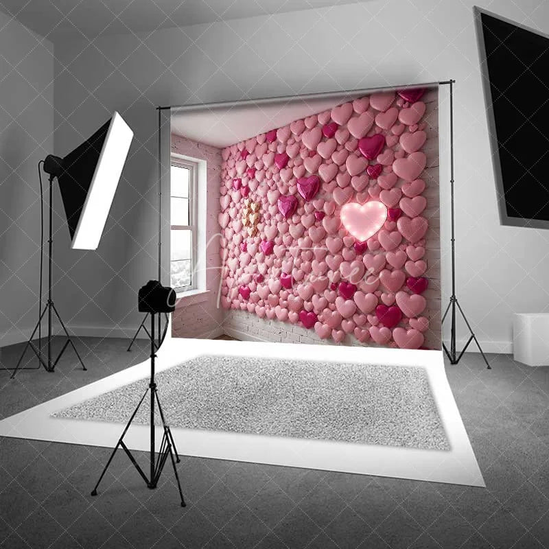 Aperturee - Aperturee Valentine’s Day Pink Hearts Wall Photography Backdrop Neon Light Romantic Love Photo Prop Sweet Room Decor