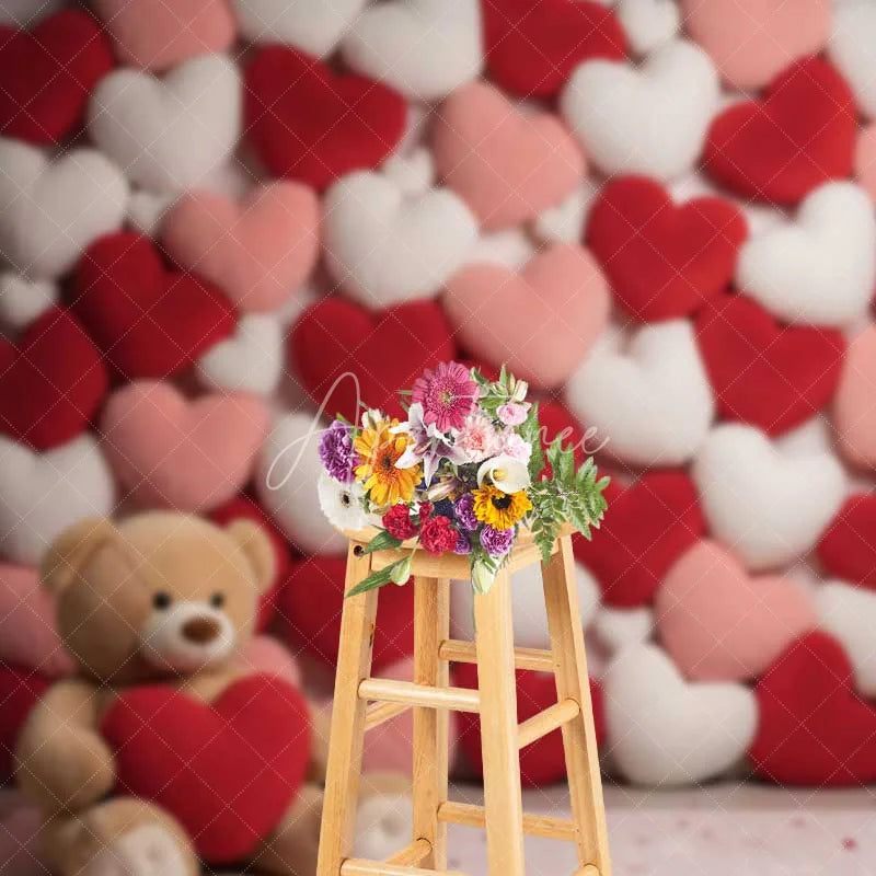 Aperturee - Aperturee Valentine’s Day Plush Hearts Backdrop Cute Teddy Bear Photography Background Red Pink Love Pillow Photo Prop