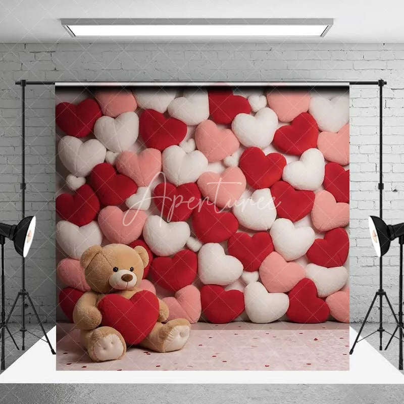 Aperturee - Aperturee Valentine’s Day Plush Hearts Backdrop Cute Teddy Bear Photography Background Red Pink Love Pillow Photo Prop