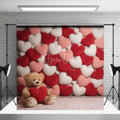 Aperturee - Aperturee Valentine’s Day Plush Hearts Backdrop Cute Teddy Bear Photography Background Red Pink Love Pillow Photo Prop