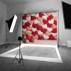 Aperturee - Aperturee Valentine’s Day Plush Hearts Backdrop Cute Teddy Bear Photography Background Red Pink Love Pillow Photo Prop