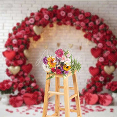 Aperturee - Aperturee Valentine’s Day Red Rose Arch Photography Backdrop White Brick Wall Gold Hearts Photo Background Floral Wedding Prop