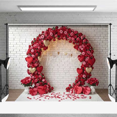 Aperturee - Aperturee Valentine’s Day Red Rose Arch Photography Backdrop White Brick Wall Gold Hearts Photo Background Floral Wedding Prop