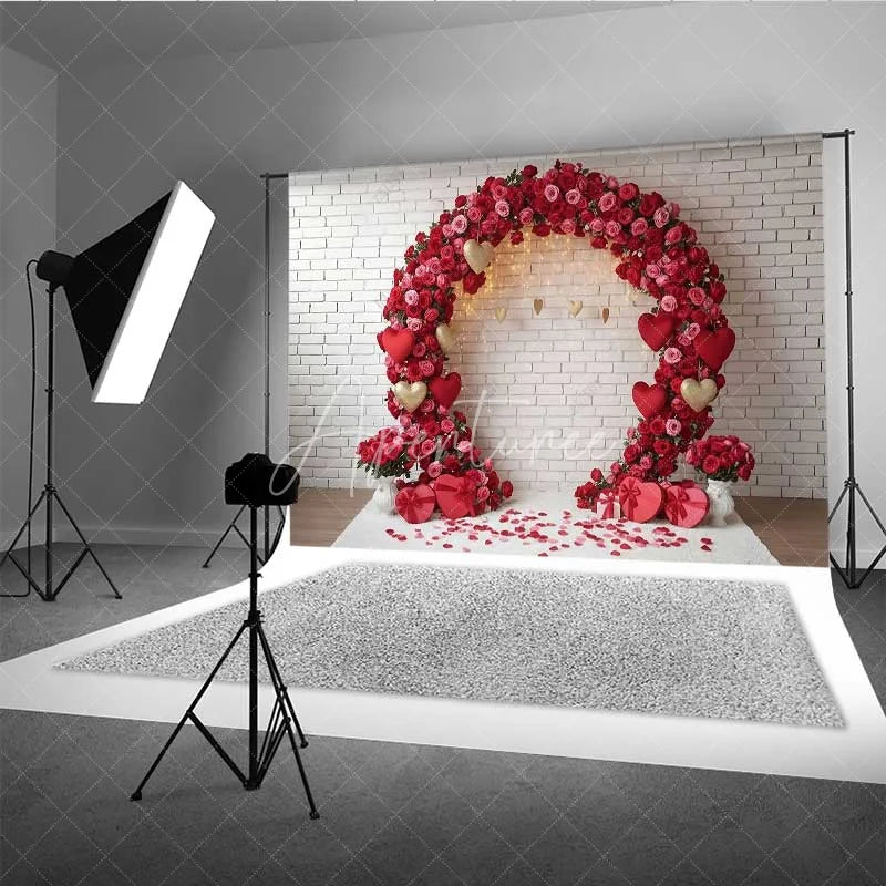 Aperturee - Aperturee Valentine’s Day Red Rose Arch Photography Backdrop White Brick Wall Gold Hearts Photo Background Floral Wedding Prop