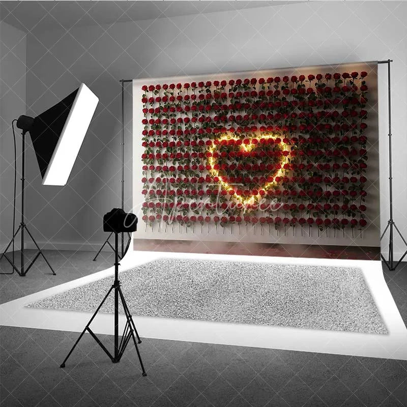 Aperturee - Aperturee Valentine’s Day Red Rose Wall Photography Backdrop Glowing Heart Light Romantic Photo Background Floral Love Prop