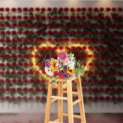 Aperturee - Aperturee Valentine’s Day Red Rose Wall Photography Backdrop Glowing Heart Light Romantic Photo Background Floral Love Prop