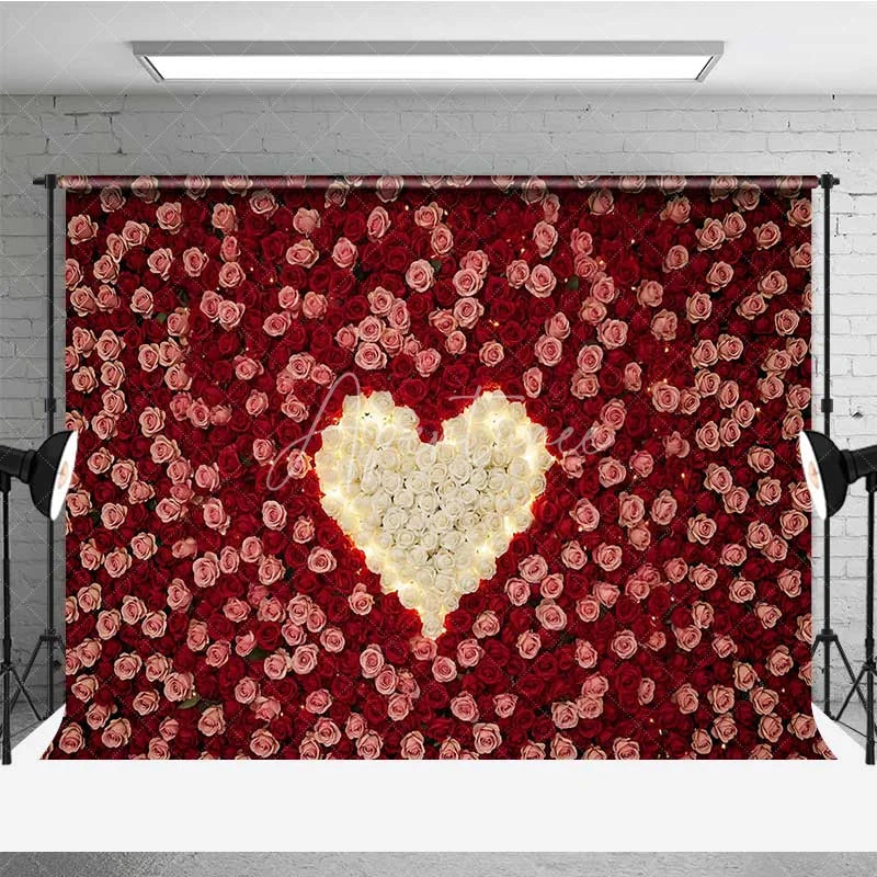Aperturee - Aperturee Valentine’s Day Red Rose Wall Photography Backdrop White Flower Heart Shape Photo Background Floral Love Decor Prop