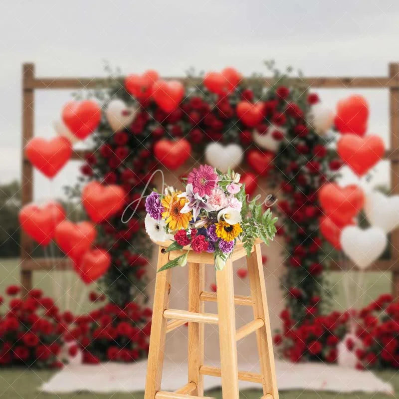 Aperturee - Aperturee Valentine’s Day Red Roses Backdrop Heart Balloons Wooden Arch Photography Background Romantic Love Photo Prop