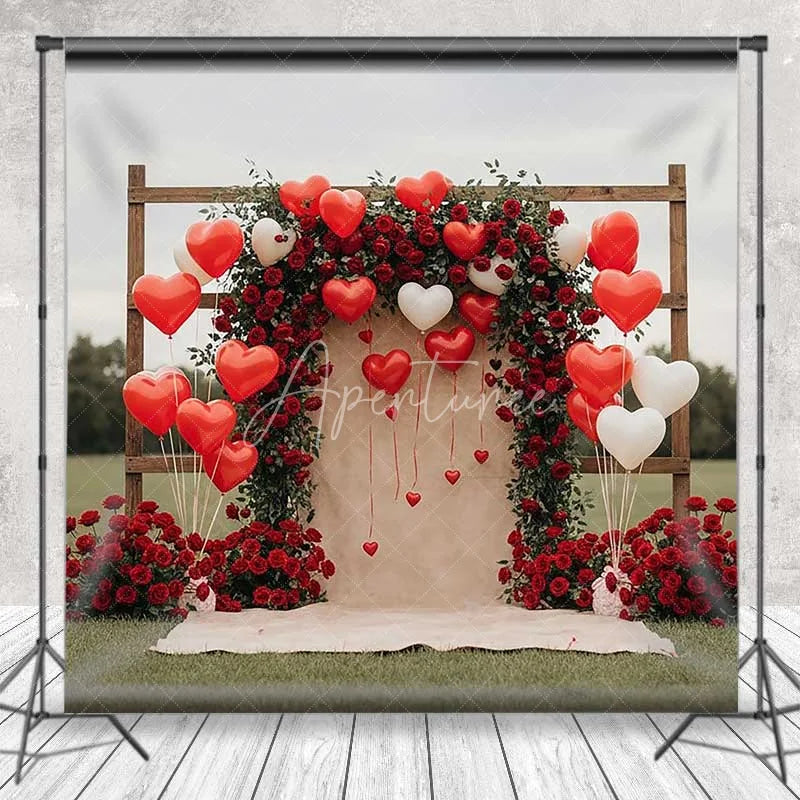 Aperturee - Aperturee Valentine’s Day Red Roses Backdrop Heart Balloons Wooden Arch Photography Background Romantic Love Photo Prop