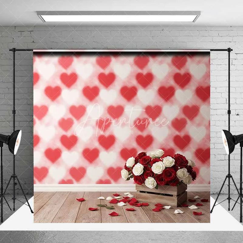 Aperturee - Aperturee Valentine’s Day Red White Roses Photography Backdrop Blurred Heart Pattern Wooden Floor Photo Prop Romantic Floral