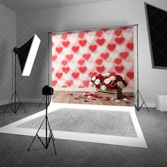 Aperturee - Aperturee Valentine’s Day Red White Roses Photography Backdrop Blurred Heart Pattern Wooden Floor Photo Prop Romantic Floral