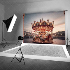 Aperturee - Aperturee Valentine’s Day Romantic Carousel Photography Backdrop Merry Go Round Sunset City Photo Background Love Swan Prop