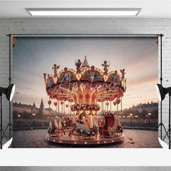 Aperturee - Aperturee Valentine’s Day Romantic Carousel Photography Backdrop Merry Go Round Sunset City Photo Background Love Swan Prop