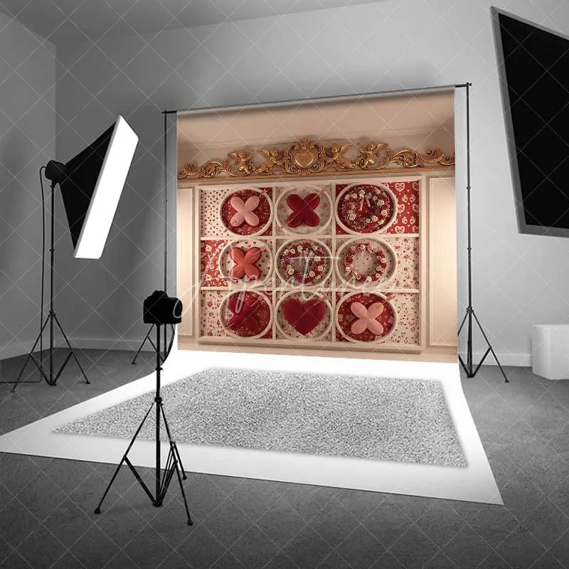 Aperturee - Aperturee Valentine’s Day Tic Tac Toe Photography Backdrop Romantic Love Game Floral Wreath Photo Prop Gold Cherub Decor