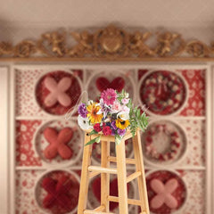 Aperturee - Aperturee Valentine’s Day Tic Tac Toe Photography Backdrop Romantic Love Game Floral Wreath Photo Prop Gold Cherub Decor