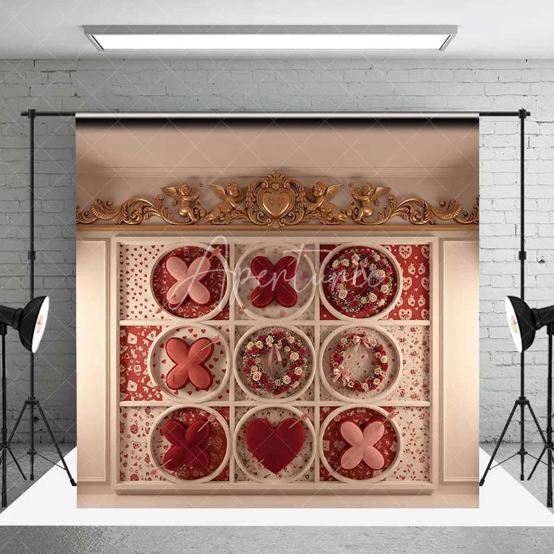 Aperturee - Aperturee Valentine’s Day Tic Tac Toe Photography Backdrop Romantic Love Game Floral Wreath Photo Prop Gold Cherub Decor