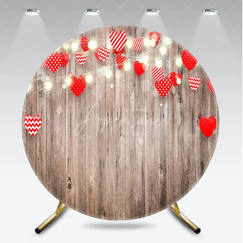 Aperturee - Aperturee Valentines Day Wood Heart Round Backdrop Rustic Wooden Plank with Heart Lights Photography Background