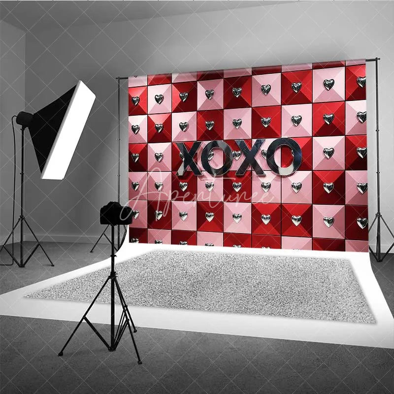 Aperturee - Aperturee Valentine’s Day XOXO Photography Backdrop Red Pink Geometric Tiles Silver Hearts Photo Prop Modern Love Decor