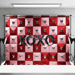 Aperturee - Aperturee Valentine’s Day XOXO Photography Backdrop Red Pink Geometric Tiles Silver Hearts Photo Prop Modern Love Decor