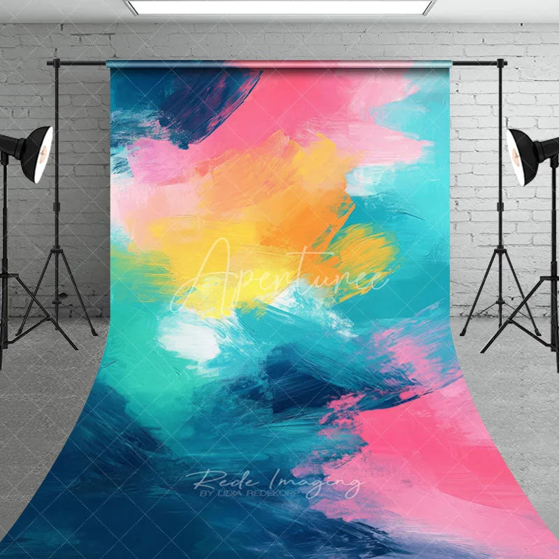 Aperturee - Aperturee Vibrant Abstract Brushstroke Sweep Backdrop Colorful Pink Yellow Teal Blue Modern Art Design for Photo Shoots