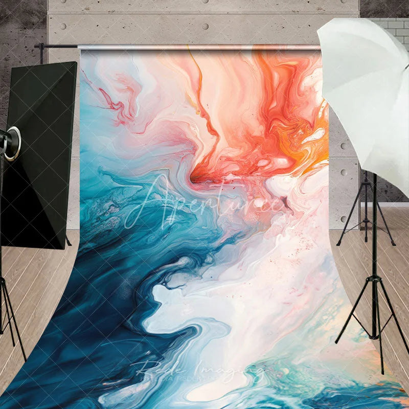 Aperturee - Aperturee Vibrant Abstract Fluid Art Sweep Backdrop with Teal Orange and White Swirls Dynamic Artistic Photography Decor