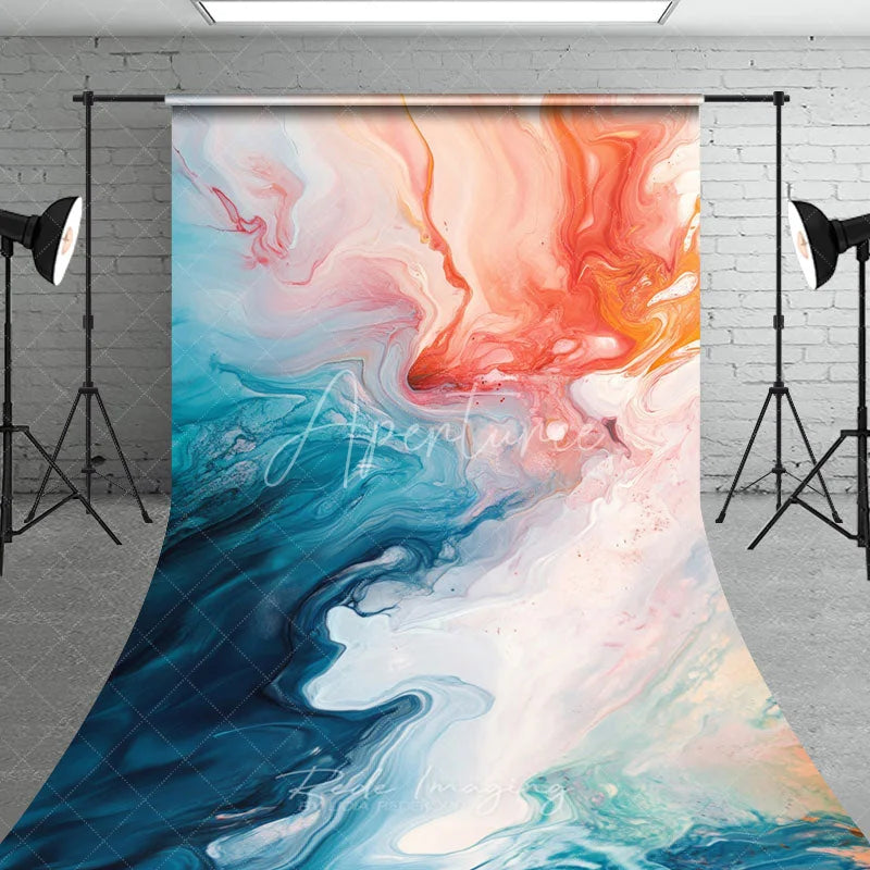 Aperturee - Aperturee Vibrant Abstract Fluid Art Sweep Backdrop with Teal Orange and White Swirls Dynamic Artistic Photography Decor