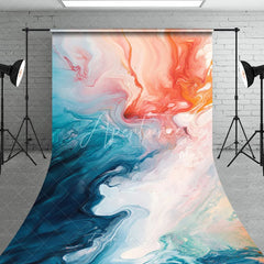 Aperturee - Aperturee Vibrant Abstract Fluid Art Sweep Backdrop with Teal Orange and White Swirls Dynamic Artistic Photography Decor