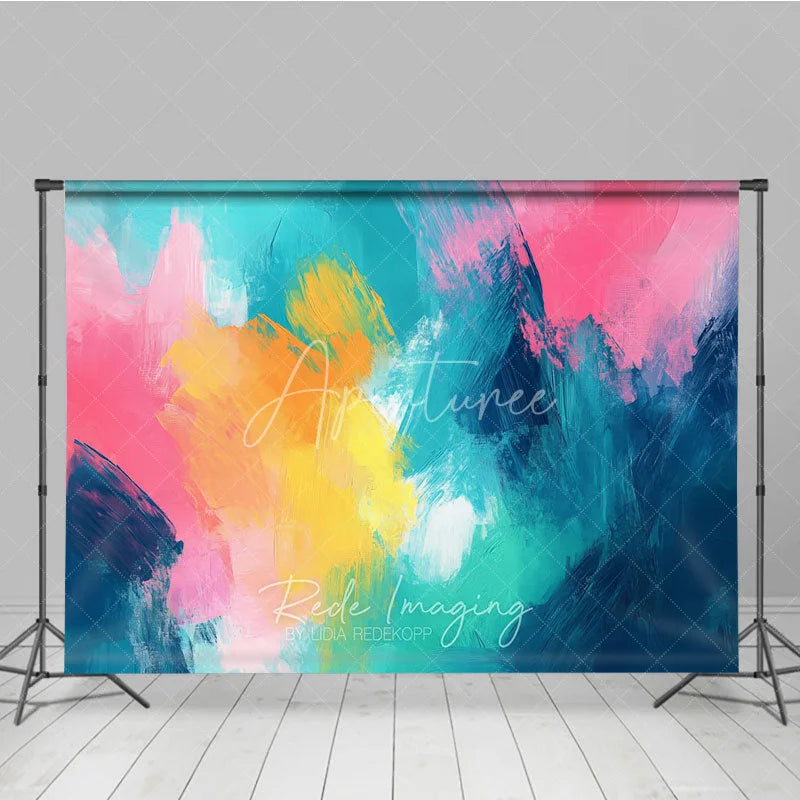 Aperturee - Aperturee Vibrant Abstract Photography Backdrop with Dynamic Teal Pink Yellow and Orange Brushstrokes Artistic Studio Decor