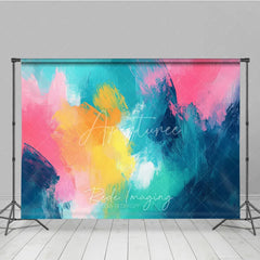 Aperturee - Aperturee Vibrant Abstract Photography Backdrop with Dynamic Teal Pink Yellow and Orange Brushstrokes Artistic Studio Decor