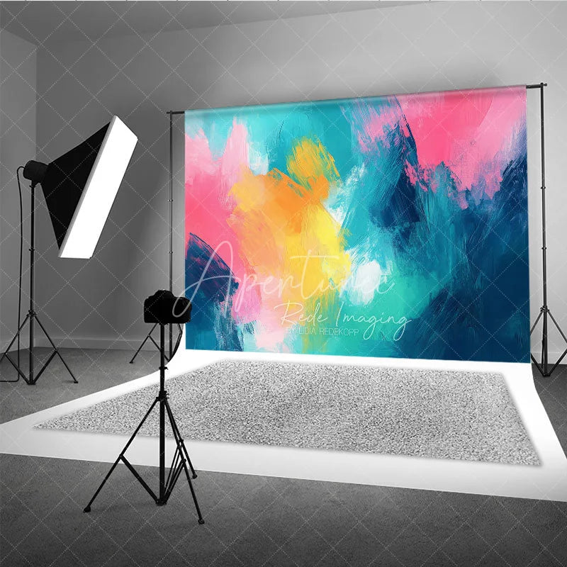 Aperturee - Aperturee Vibrant Abstract Photography Backdrop with Dynamic Teal Pink Yellow and Orange Brushstrokes Artistic Studio Decor