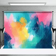 Aperturee - Aperturee Vibrant Abstract Photography Backdrop with Dynamic Teal Pink Yellow and Orange Brushstrokes Artistic Studio Decor