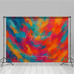 Aperturee - Aperturee Vibrant Abstract Photography Backdrop with Textured Brushstrokes Featuring Red Orange Blue and Gold Colors