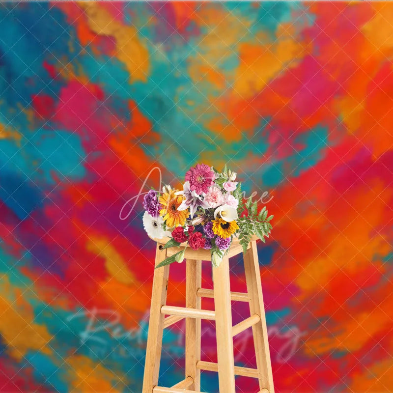Aperturee - Aperturee Vibrant Abstract Photography Backdrop with Textured Brushstrokes Featuring Red Orange Blue and Gold Colors