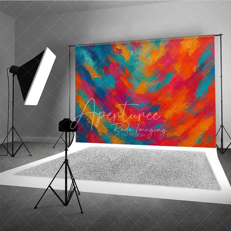 Aperturee - Aperturee Vibrant Abstract Photography Backdrop with Textured Brushstrokes Featuring Red Orange Blue and Gold Colors