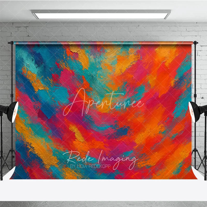 Aperturee - Aperturee Vibrant Abstract Photography Backdrop with Textured Brushstrokes Featuring Red Orange Blue and Gold Colors
