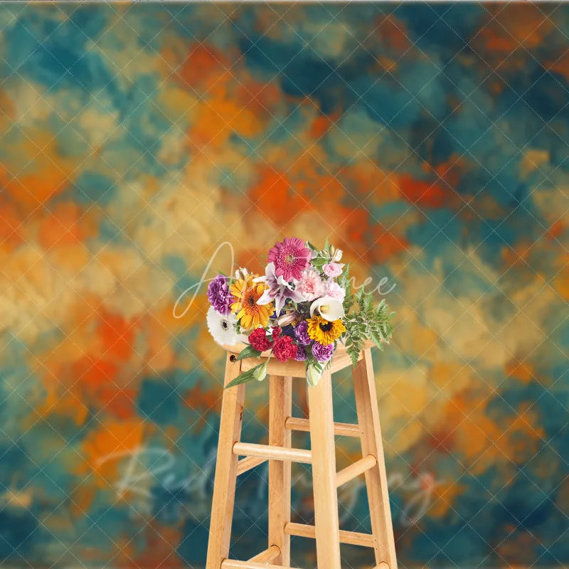 Aperturee - Aperturee Vibrant Abstract Textured Photography Backdrop Painterly Teal Orange Cream Brushstrokes Art Style