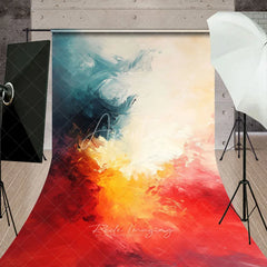 Aperturee - Aperturee Vibrant Abstract Textured Sweep Backdrop with Teal Yellow Orange and Red Painterly Strokes Modern Artistic Design