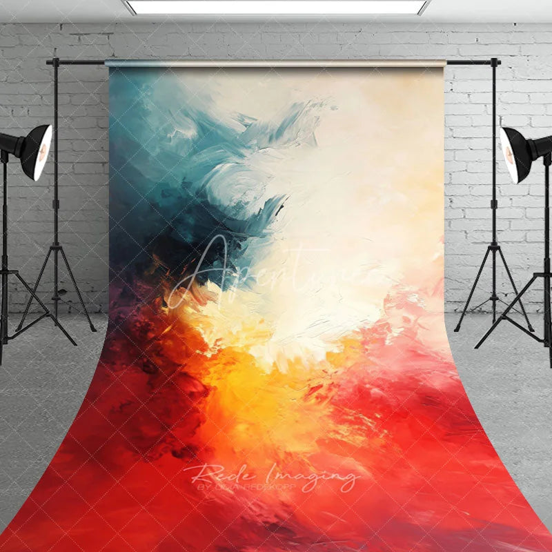 Aperturee - Aperturee Vibrant Abstract Textured Sweep Backdrop with Teal Yellow Orange and Red Painterly Strokes Modern Artistic Design