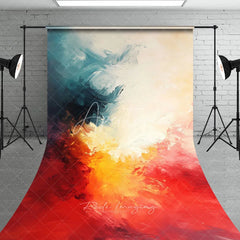 Aperturee - Aperturee Vibrant Abstract Textured Sweep Backdrop with Teal Yellow Orange and Red Painterly Strokes Modern Artistic Design