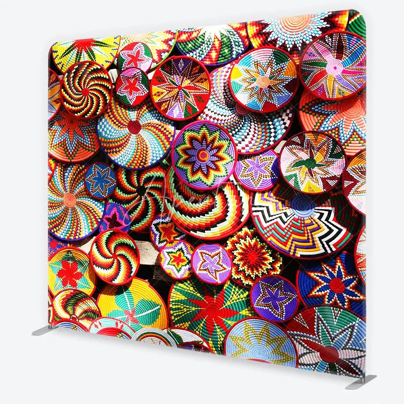 Aperturee - Aperturee Vibrant and Colorful Woven Ethnic Patterns Square Double-Sided Backdrop featuring Geometric Spirals and Stars