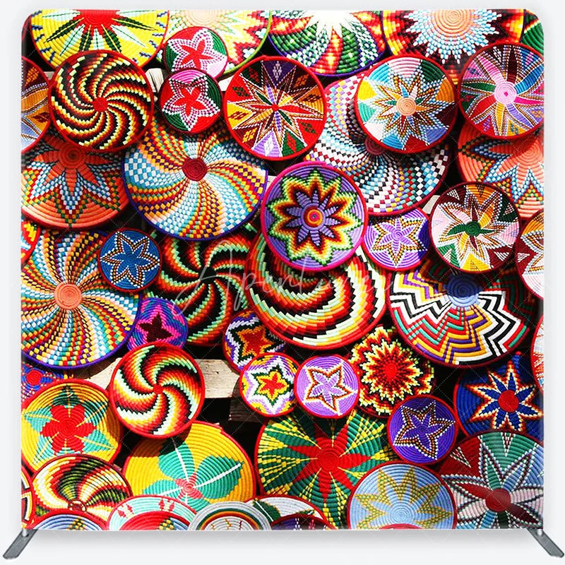 Aperturee - Aperturee Vibrant and Colorful Woven Ethnic Patterns Square Double-Sided Backdrop featuring Geometric Spirals and Stars
