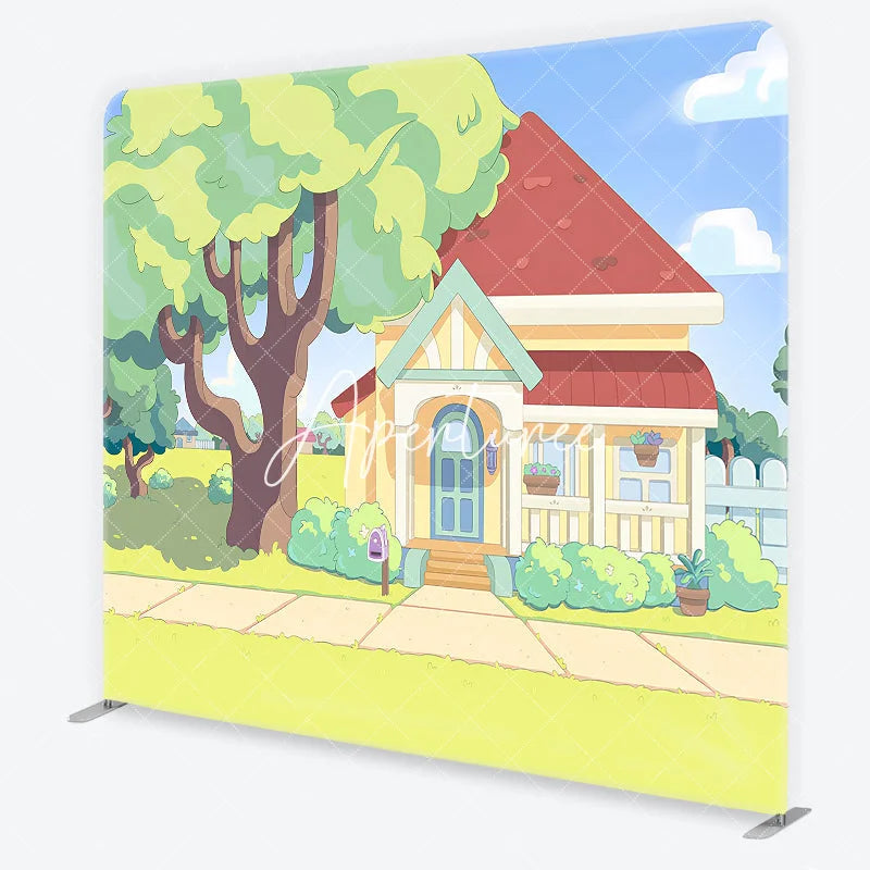 Aperturee - Aperturee Vibrant Animated Cartoon House and Green Front Yard Square Double-Sided Backdrop Kids Birthday Party Decor