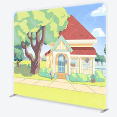 Aperturee - Aperturee Vibrant Animated Cartoon House and Green Front Yard Square Double-Sided Backdrop Kids Birthday Party Decor