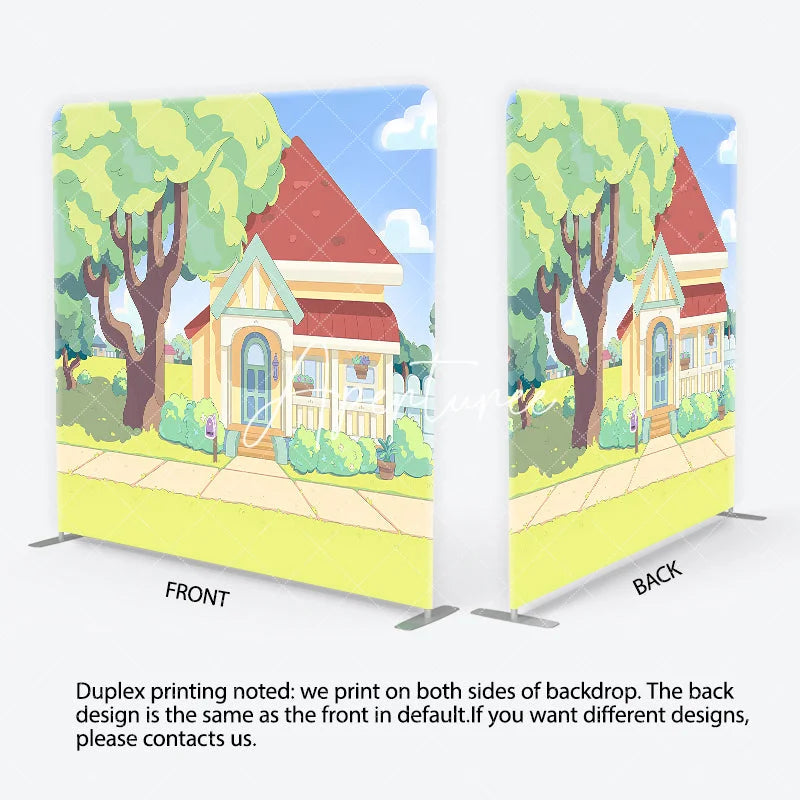 Aperturee - Aperturee Vibrant Animated Cartoon House and Green Front Yard Square Double-Sided Backdrop Kids Birthday Party Decor