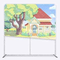 Aperturee - Aperturee Vibrant Animated Cartoon House and Green Front Yard Square Double-Sided Backdrop Kids Birthday Party Decor