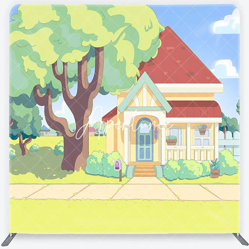 Aperturee - Aperturee Vibrant Animated Cartoon House and Green Front Yard Square Double-Sided Backdrop Kids Birthday Party Decor