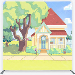 Aperturee - Aperturee Vibrant Animated Cartoon House and Green Front Yard Square Double-Sided Backdrop Kids Birthday Party Decor