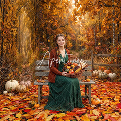Aperturee - Aperturee Vibrant Autumn Forest Path with Fallen Leaves and Pumpkins Room Set Backdrop Warm Fall Harvest Photography Decor