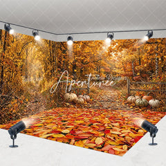 Aperturee - Aperturee Vibrant Autumn Forest Path with Fallen Leaves and Pumpkins Room Set Backdrop Warm Fall Harvest Photography Decor